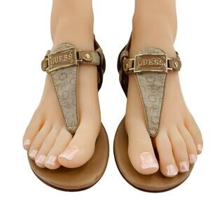 Guess Shalia Tan Logo Fabric Low Heeled Thong Casual Summer Sandals 5.5